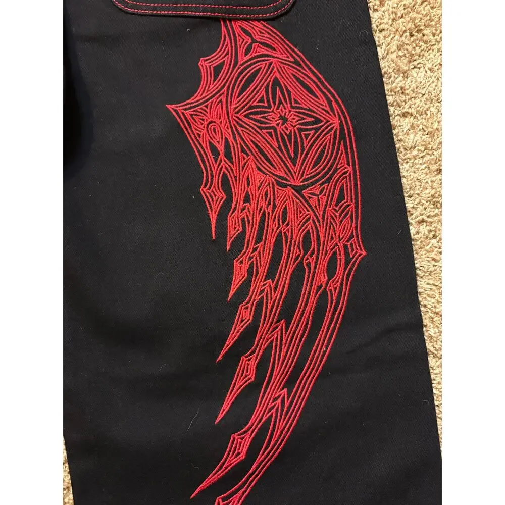 NWT Y2K Affliction Wide Leg Wings Black Red Baggy Jeans Mens Size 31 MSRP $128 - Picture 12 of 15